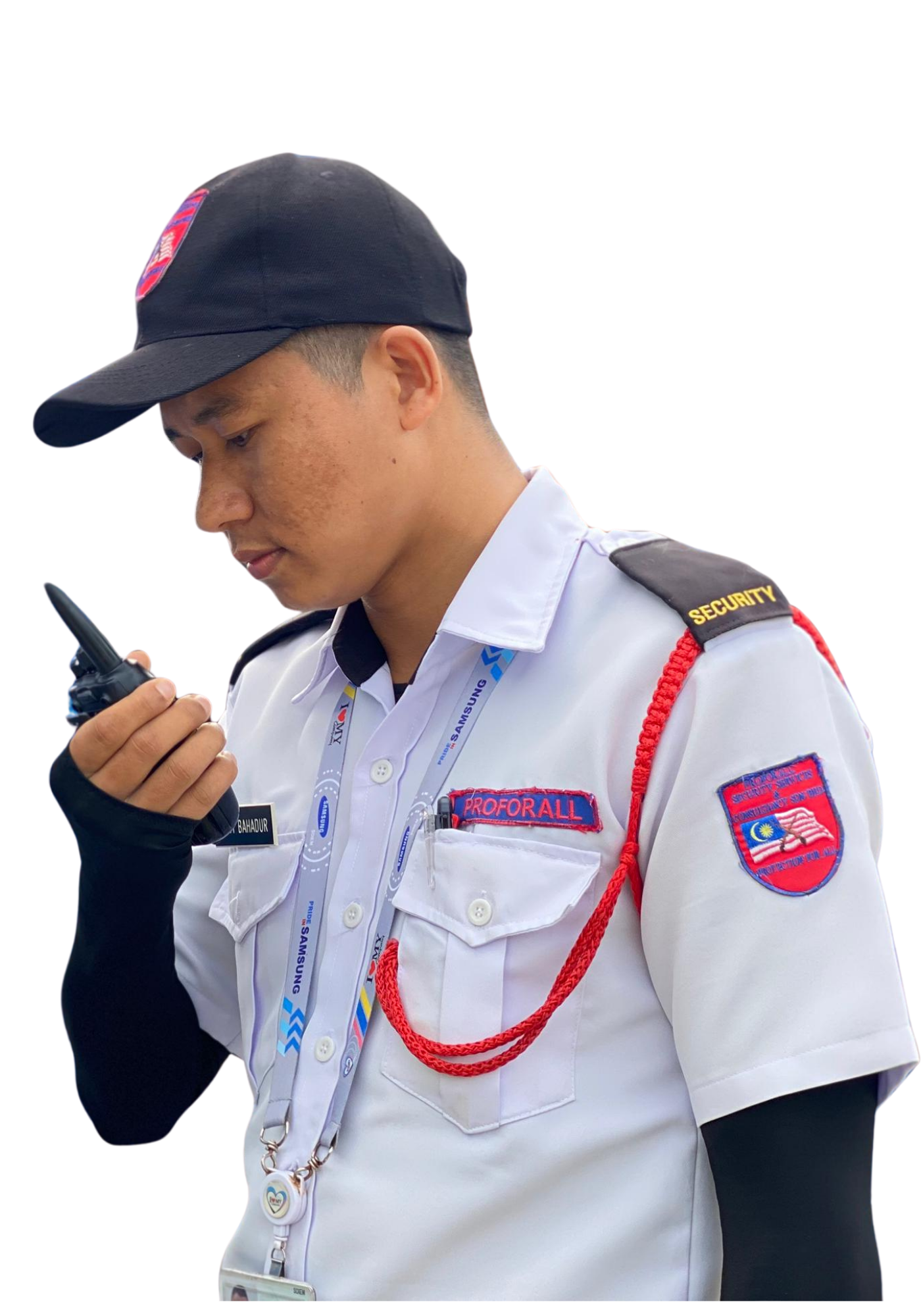 Proforall security officer communicating by radio
